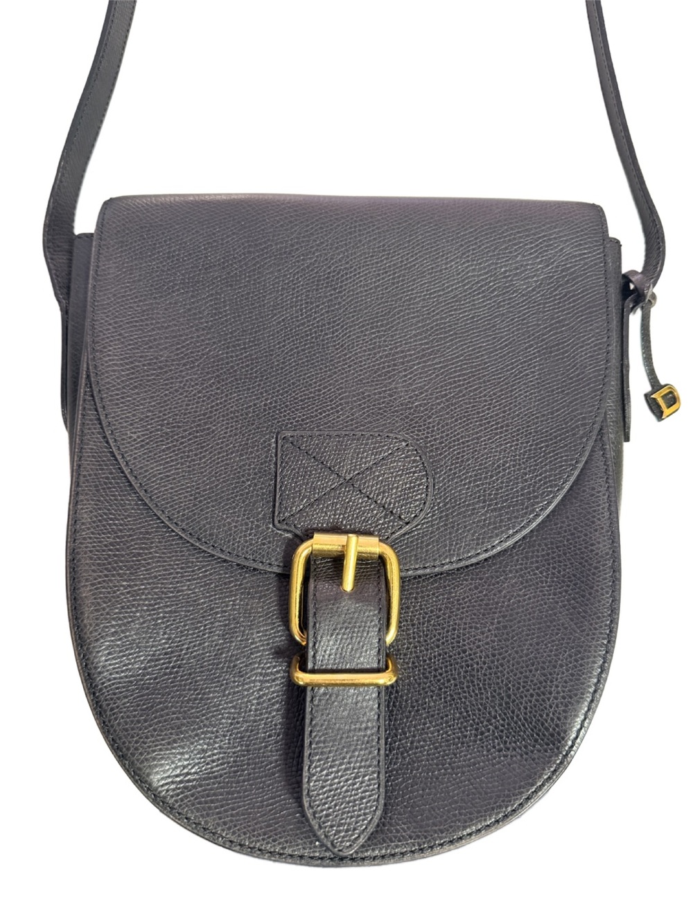 Delvaux Black Leather Crossbody Saddle Bag with Gold Buckle